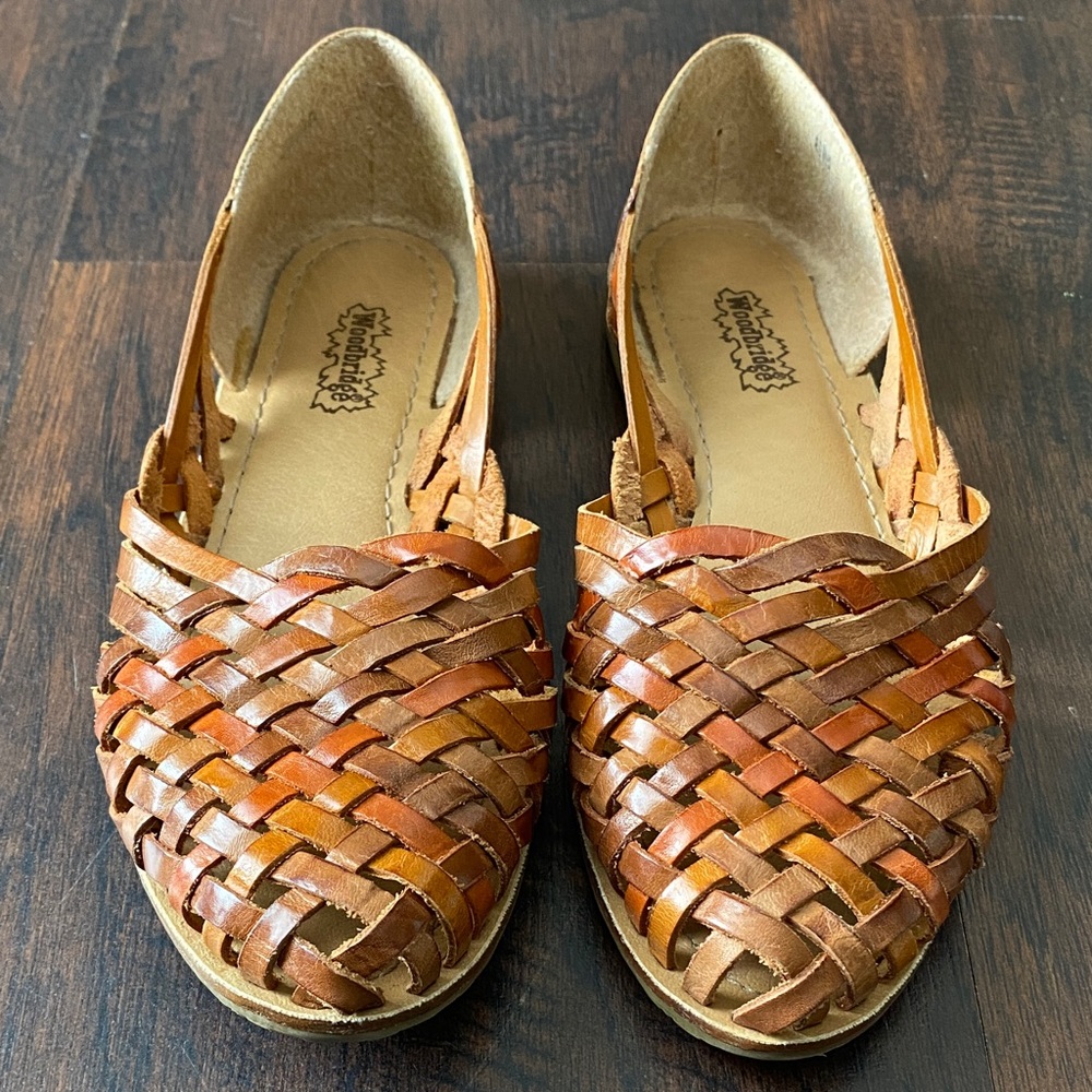 Woven Leather huarache Slip-On Flats in Tan and Brown